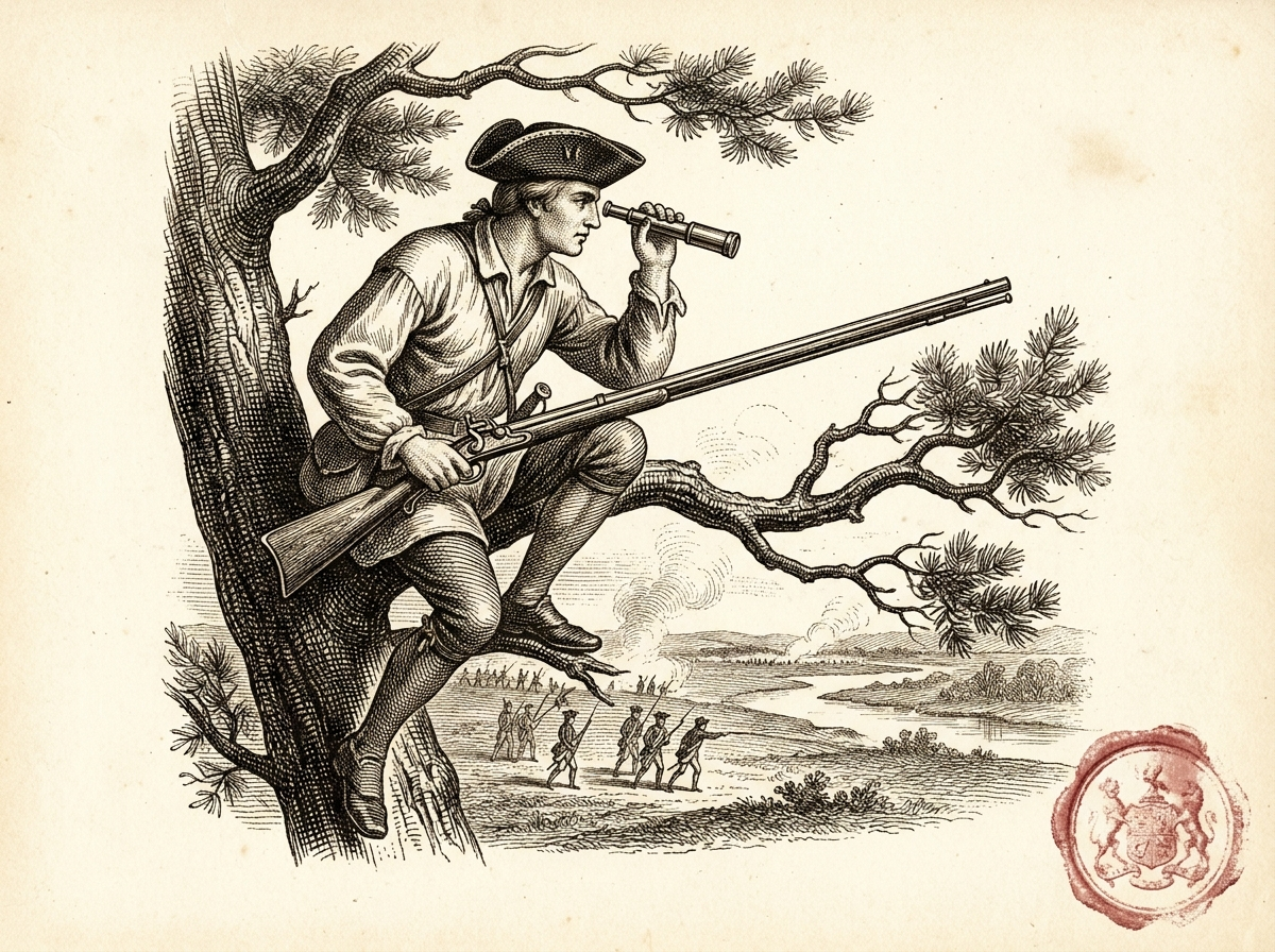Period engraving of a Revolutionary War rifleman, the precision technology of 1775